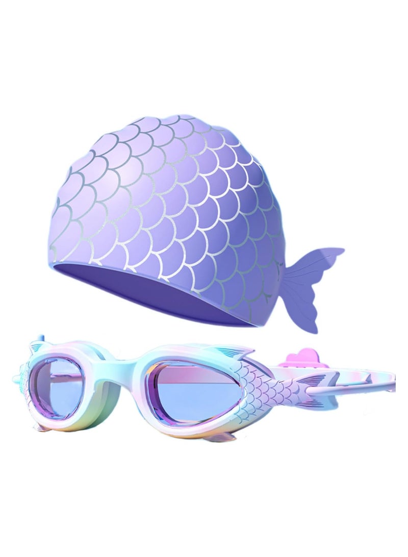 INSIJAM Swimming Cap and Goggles Set for Kids Waterproof Cloth Bathing Cap with Cute Cartoon Design for Boys and Girls - Ages 3-12 - Image 1