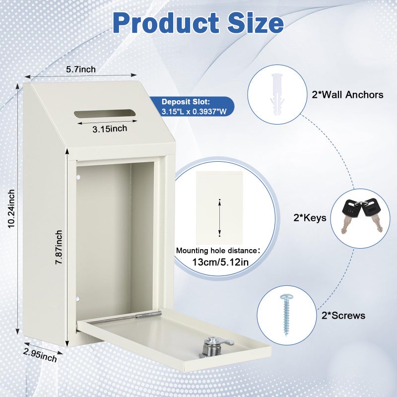 KYODOLED Money Cash Drop Box with Lock, Metal Donation and Suggestion Box with Slot Wall Mounted for Farm or Office, Home, Outdoor, White, 10.24 x 5.7 x 2.95 Inch - Image 2