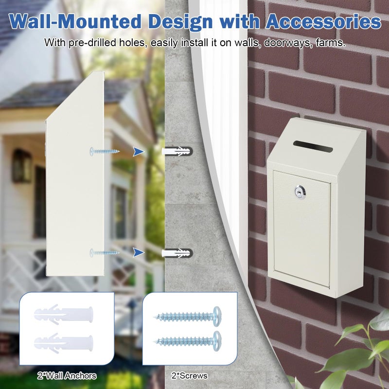 KYODOLED Money Cash Drop Box with Lock, Metal Donation and Suggestion Box with Slot Wall Mounted for Farm or Office, Home, Outdoor, White, 10.24 x 5.7 x 2.95 Inch - Image 4