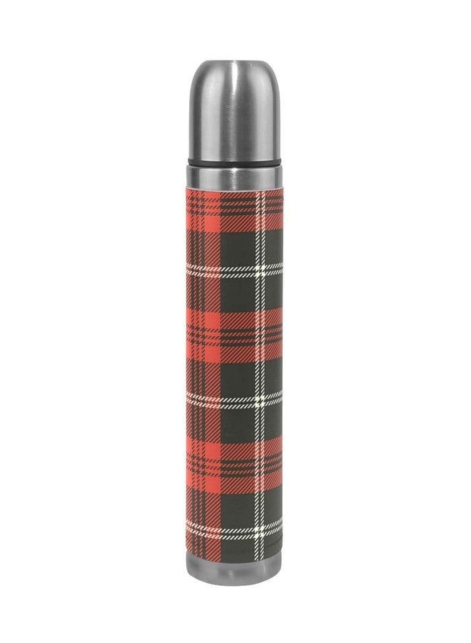 Pfrewn Red Black Plaid Vacuum Thermos Christmas Tartan Check Insulated Water Bottle Stainless Steel Double Wall Flask Bottles, Sports Coffee Travel Mug Cup Genuine Leather Cover BPA Free 17 Oz - Image 1