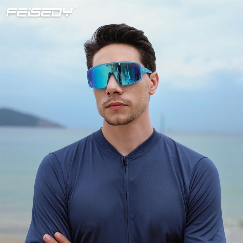 FEISEDY Sports Sunglasses, Polarized Oversized Shield for Women Men Youth, Baseball Cycling Running Outdoor Visor B2988 - Image 3