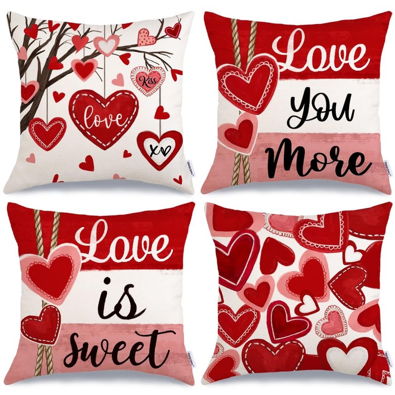 GEEORY Valentines Day Throw Pillow Covers 18x18 Inch Set of 4 Valentines Red Hearts Love You More Decorative Farmhouse Holiday Cushion Case for Home Decoration G44318