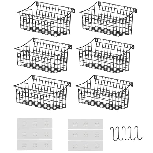 Sonyabecca 6 Pack Hanging Wall Basket for Organizing, Large Wire Basket for Storage Pantry with 5 S Hook+6 Adhesive Hook, Wall Mounted Shelf for Kitchen Bathroom - Image 1