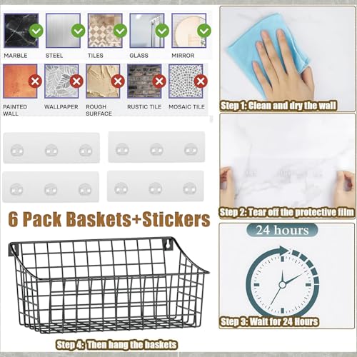 Sonyabecca 6 Pack Hanging Wall Basket for Organizing, Large Wire Basket for Storage Pantry with 5 S Hook+6 Adhesive Hook, Wall Mounted Shelf for Kitchen Bathroom - Image 3