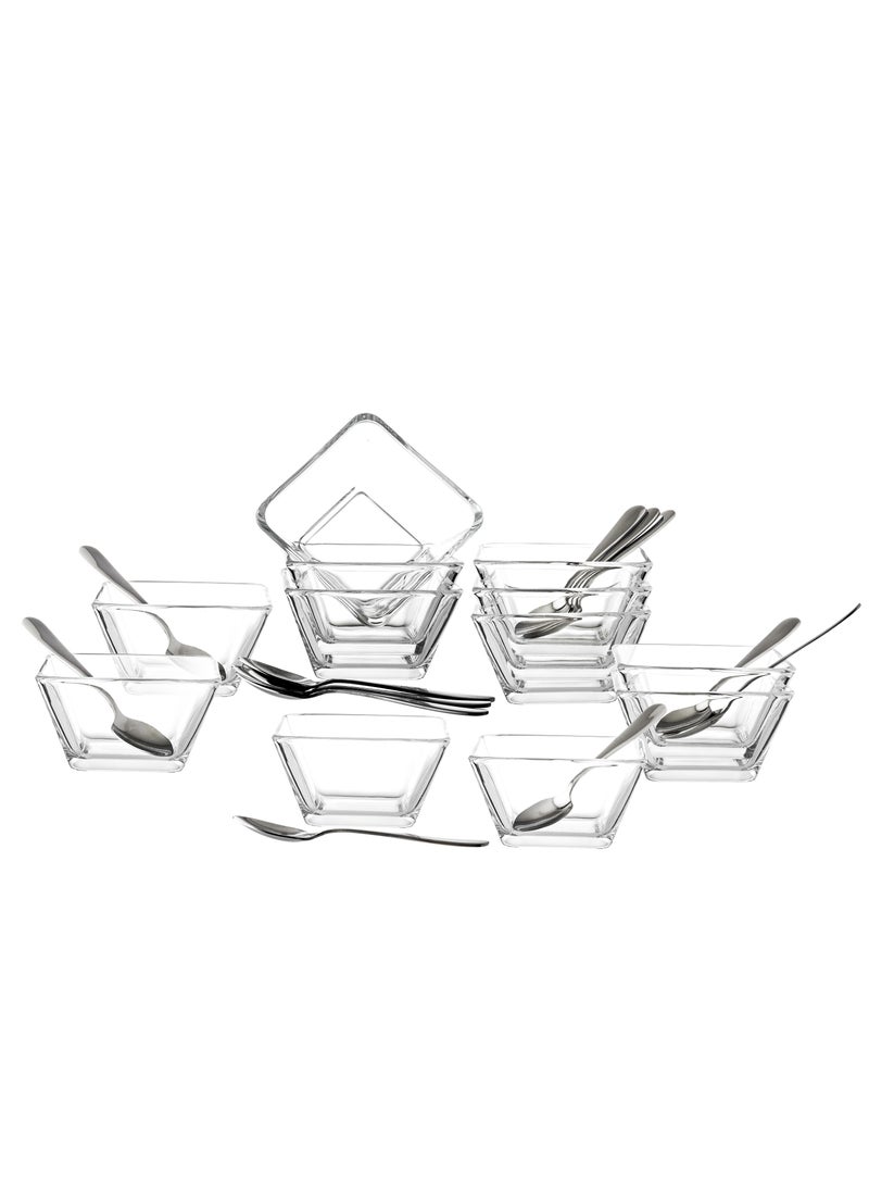 LIBBEY 25-piece square clear glass yogurt dessert set with metal spoons for 12 people - Image 1