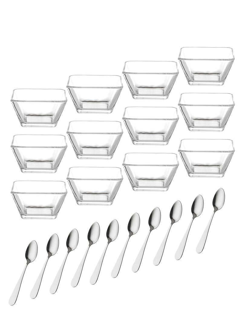 LIBBEY 25-piece square clear glass yogurt dessert set with metal spoons for 12 people - Image 2