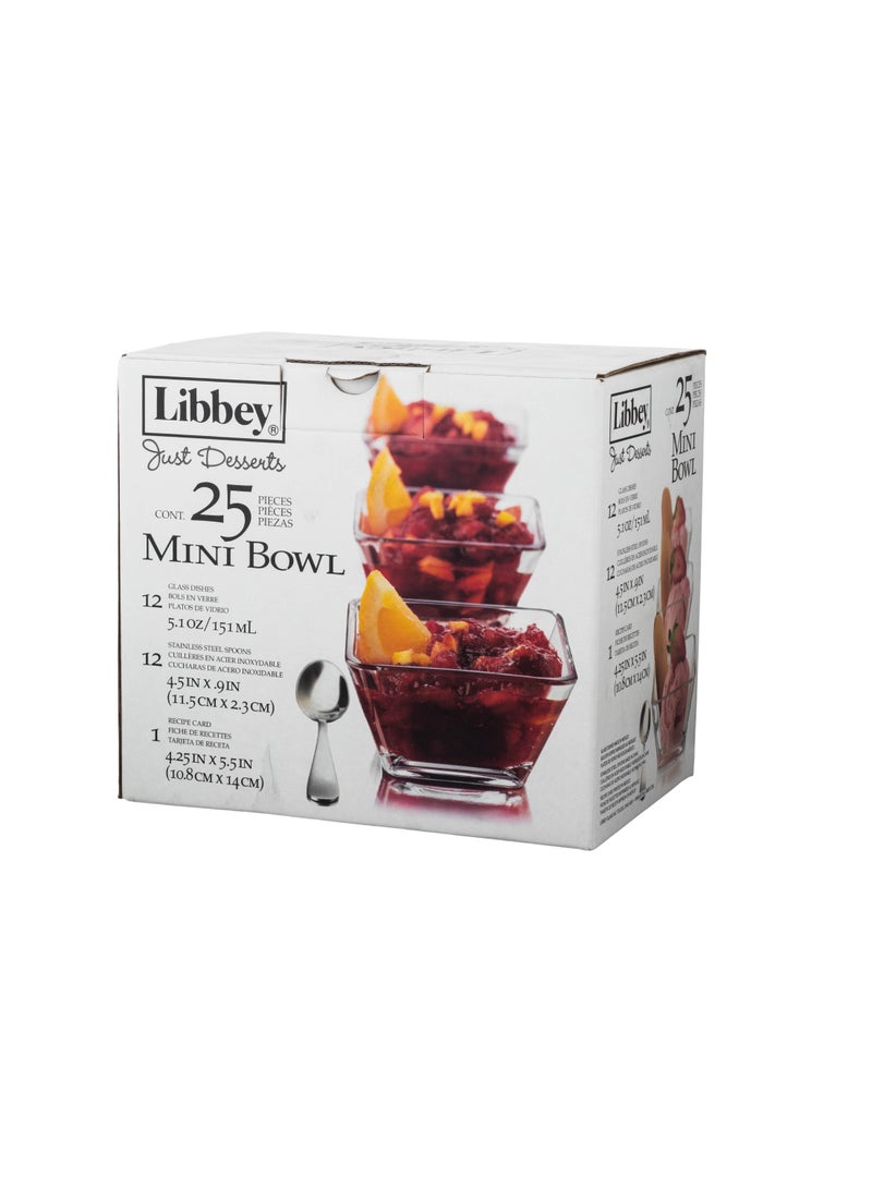 LIBBEY 25-piece square clear glass yogurt dessert set with metal spoons for 12 people - Image 3