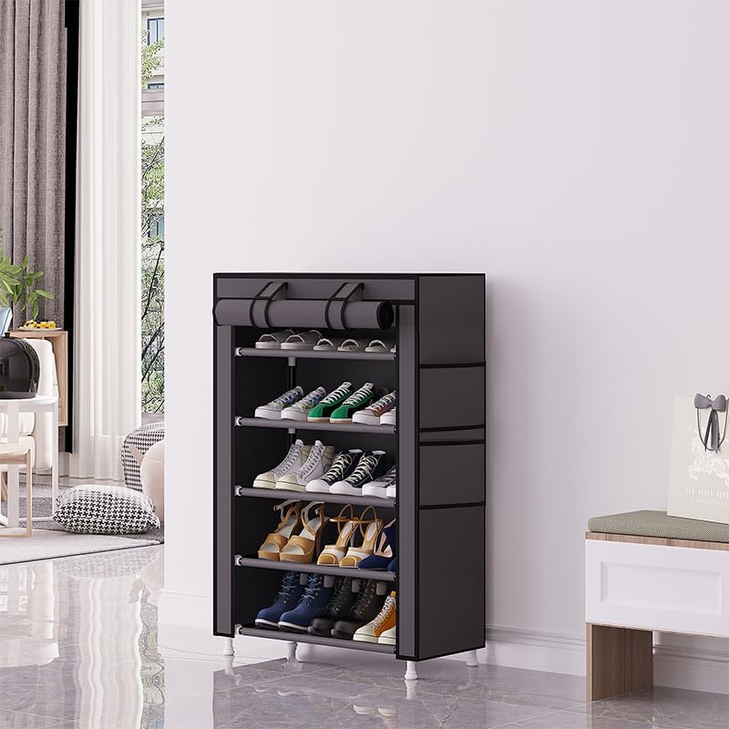 Calmootey 5 Tier Shoe Rack Organizer,Portable Shoe Shelf with Nonwoven Fabric Cover for Closet Hallway,Bedroom,Entryway,Grey - Image 1