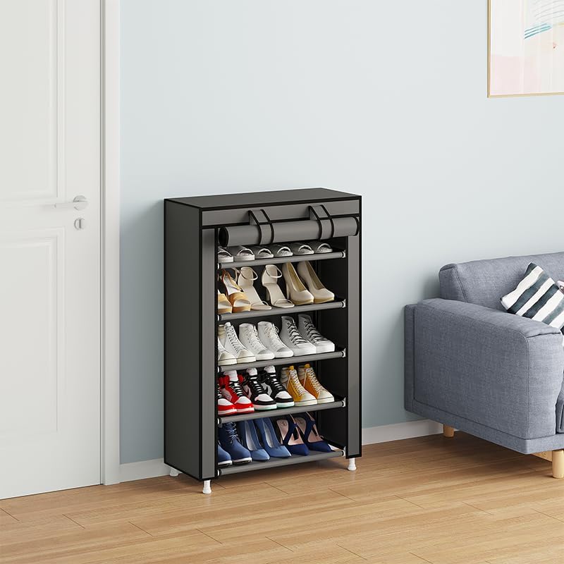 Calmootey 5 Tier Shoe Rack Organizer,Portable Shoe Shelf with Nonwoven Fabric Cover for Closet Hallway,Bedroom,Entryway,Grey - Image 4