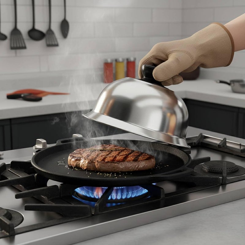 Cheese Melting Dome Versatile Stainless Steel Food Dome Heat Resistant Handle Pot Lid for Kitchen, 16CM, Steel Ball Handle - Image 5
