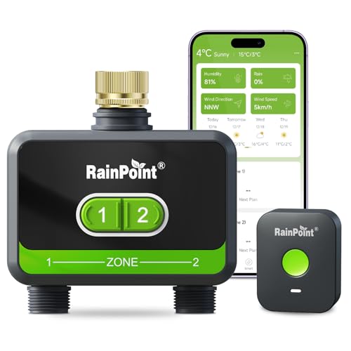 RainPoint WiFi Water Timer for Garden Hose with Brass Inlet, 2-Zone Smart Hose Timer, WiFi Irrigation Controller, Automatic Sprinkler Watering System for Lawns and Yard - Image 1