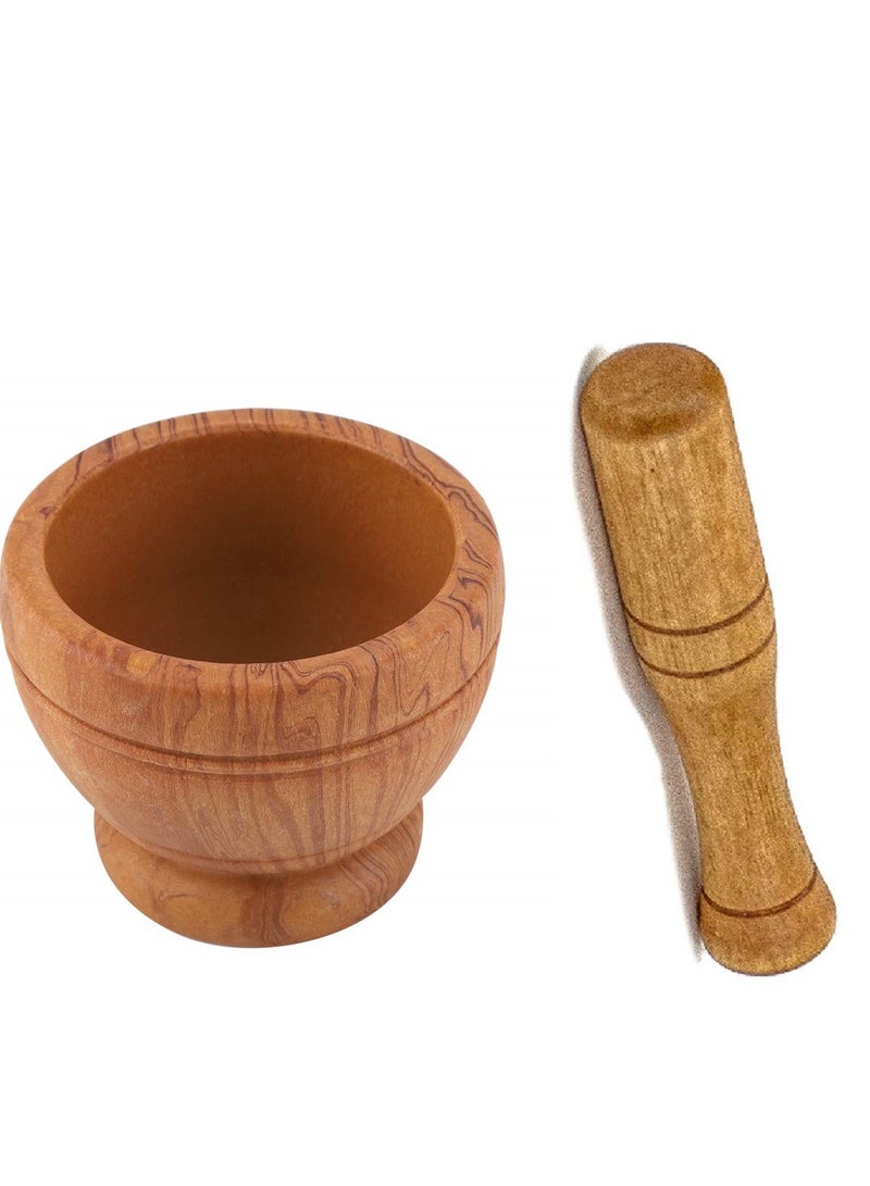 Mortar And Hand Grinder Garlic Masher Pestle Brown  - Image 1