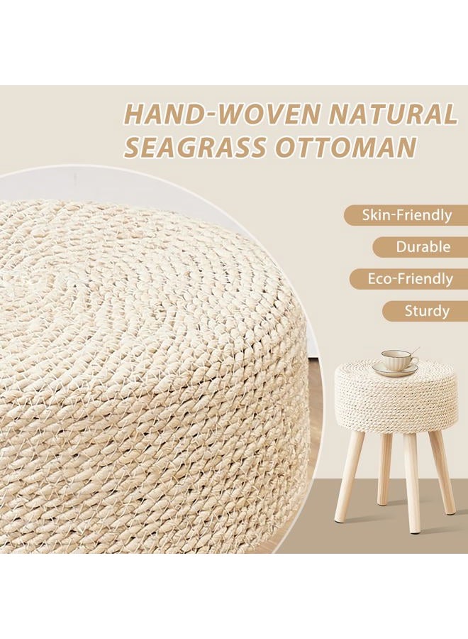 Cpintltr Footstool Ottoman Round Natural Seagrass Foot Stool Pouf Ottomans with Solid Wood Legs Hand Weave Footrest Step Stool for Living Room Bedroom Balcony Garden Natural - Image 4