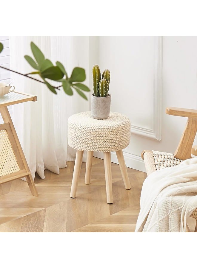 Cpintltr Footstool Ottoman Round Natural Seagrass Foot Stool Pouf Ottomans with Solid Wood Legs Hand Weave Footrest Step Stool for Living Room Bedroom Balcony Garden Natural - Image 2