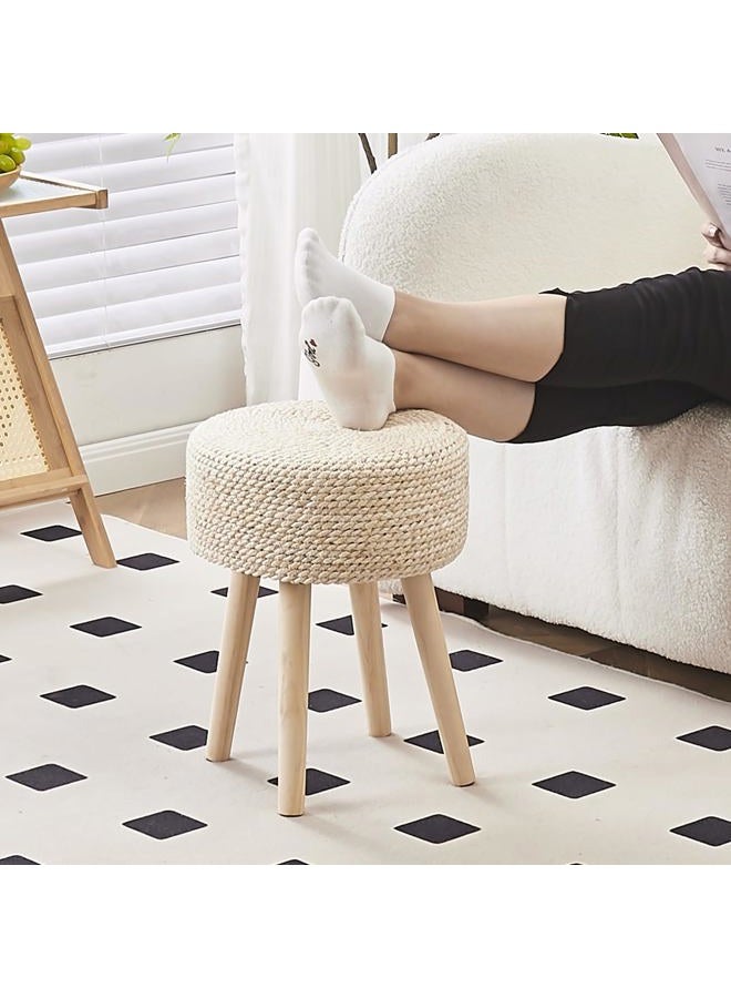 Cpintltr Footstool Ottoman Round Natural Seagrass Foot Stool Pouf Ottomans with Solid Wood Legs Hand Weave Footrest Step Stool for Living Room Bedroom Balcony Garden Natural - Image 3