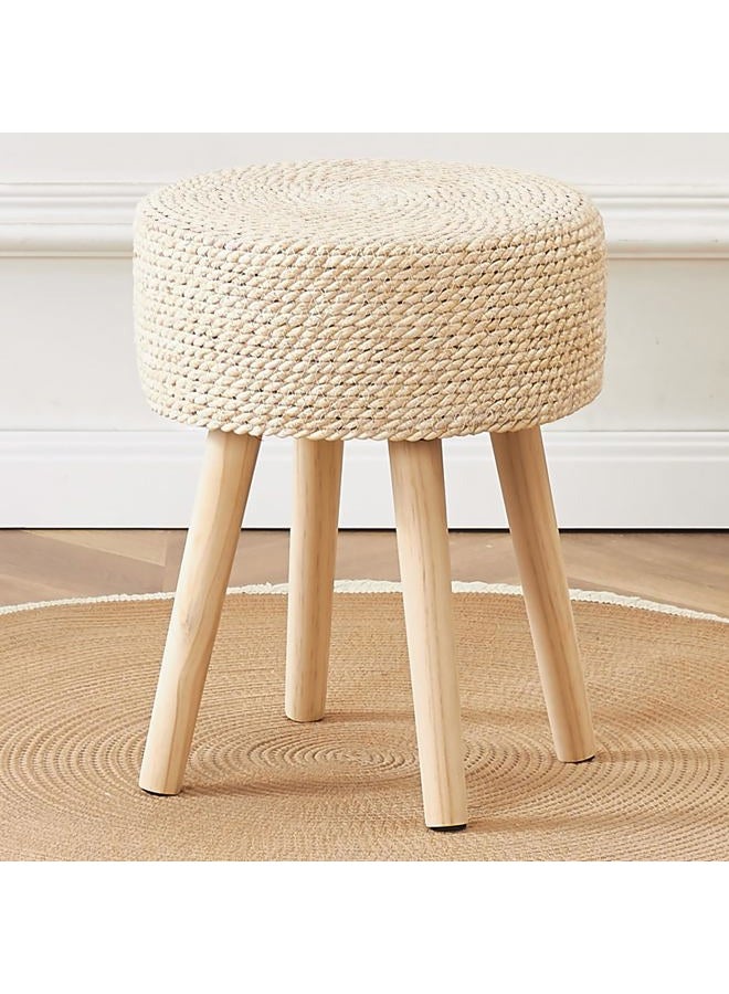 Cpintltr Footstool Ottoman Round Natural Seagrass Foot Stool Pouf Ottomans with Solid Wood Legs Hand Weave Footrest Step Stool for Living Room Bedroom Balcony Garden Natural - Image 1