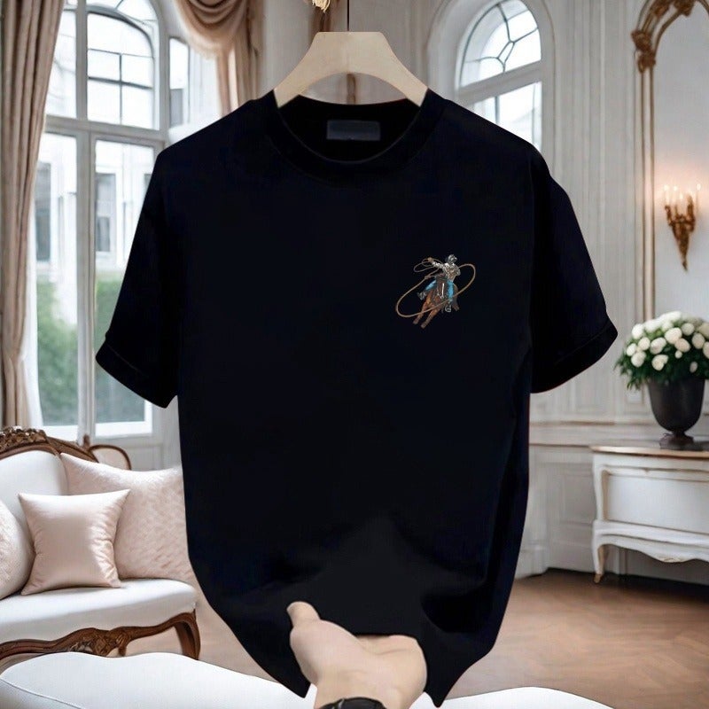 Generic 2025 Summer New Arrival All-Match Loose Round Neck Pure Cotton Fashion Horse Riding Letter Pullover Short-Sleeved T-Shirt for Men and Women 200g* black (combed cotton)