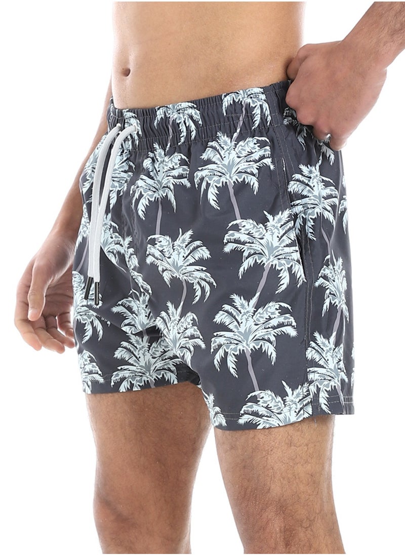 Slash Pockets Elastic Waist Swim Shorts - Shades of Grey