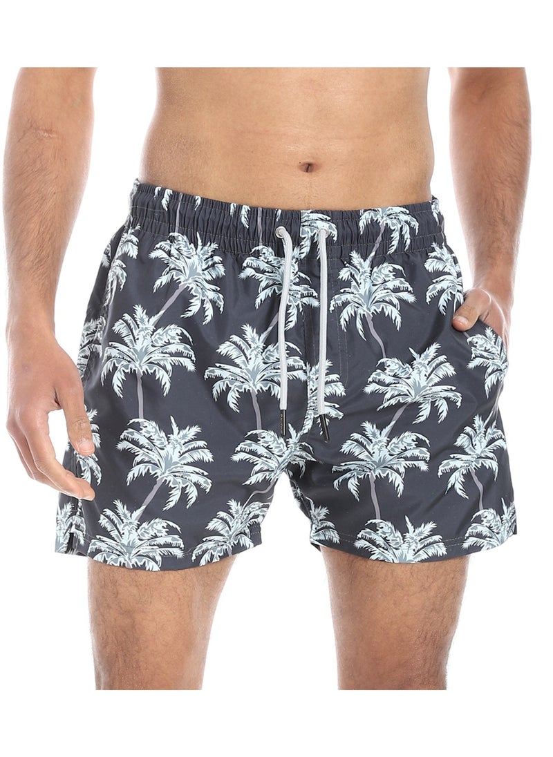 Slash Pockets Elastic Waist Swim Shorts - Shades of Grey