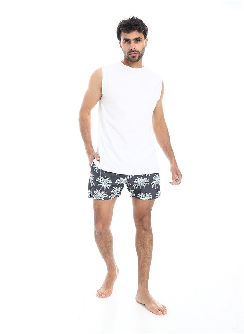 Slash Pockets Elastic Waist Swim Shorts - Shades of Grey