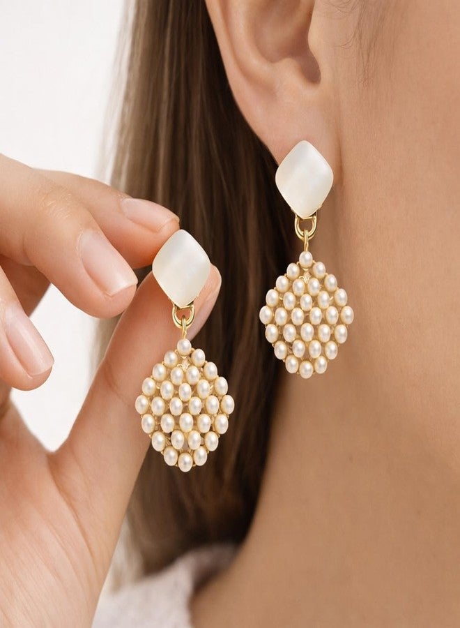 AMAAL Gold Pearl Drop Earrings for Women & Girls | Korean Style Square Stud with Pearl Cluster Dangle | Western Wedding,Earing | Stylish Jewellery for woman | Valentine Gift for Girlfriend -493 - Image 2