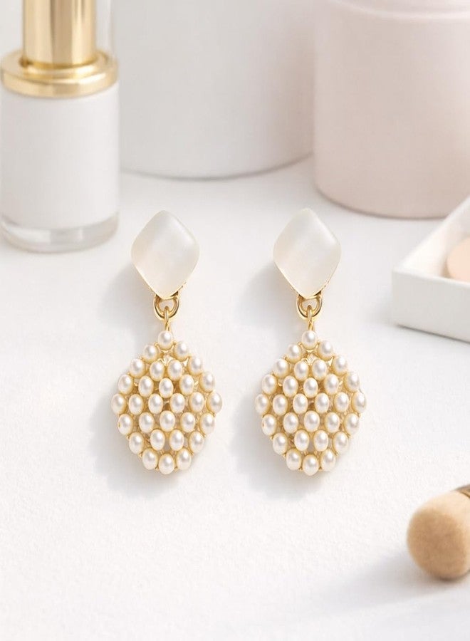 AMAAL Gold Pearl Drop Earrings for Women & Girls | Korean Style Square Stud with Pearl Cluster Dangle | Western Wedding,Earing | Stylish Jewellery for woman | Valentine Gift for Girlfriend -493 - Image 4