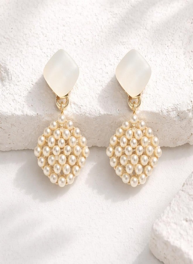 AMAAL Gold Pearl Drop Earrings for Women & Girls | Korean Style Square Stud with Pearl Cluster Dangle | Western Wedding,Earing | Stylish Jewellery for woman | Valentine Gift for Girlfriend -493 - Image 5