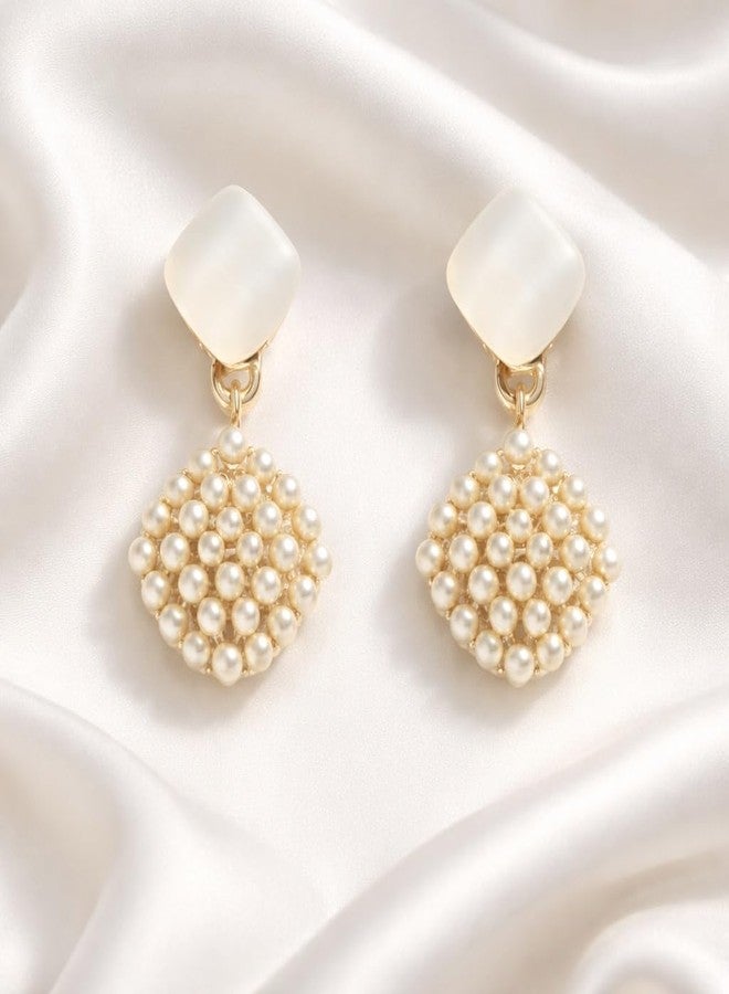 AMAAL Gold Pearl Drop Earrings for Women & Girls | Korean Style Square Stud with Pearl Cluster Dangle | Western Wedding,Earing | Stylish Jewellery for woman | Valentine Gift for Girlfriend -493 - Image 3