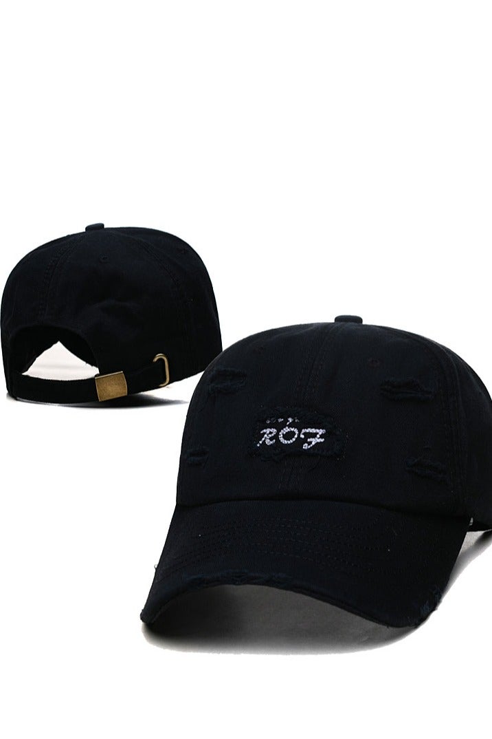 Black Distressed Baseball Cap with "ROF" Embroidery