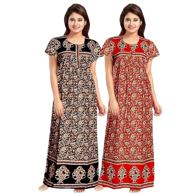 KBNBJ Nighty for Women Cotton Printed Maxi Gown Ankle Length Nighty Night Dress Gown for Women Maxi - (Pack of 2) (Free Size, 6 Red & Black) - Image 1