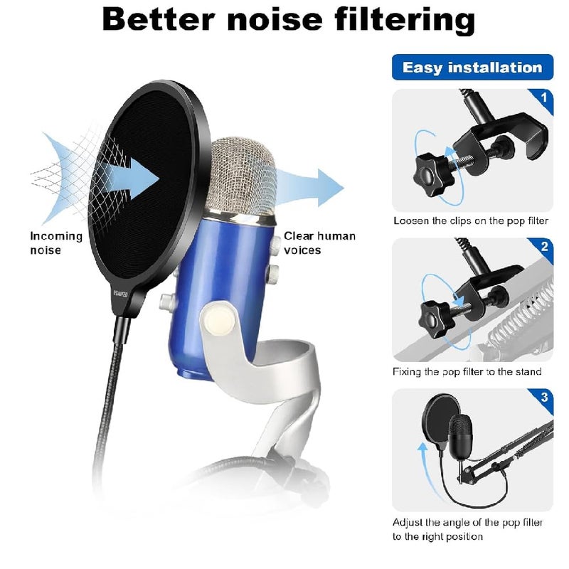 TechBlaze 6 inch Double Layer Pop Filter for Condenser Microphone Filter 360° Flexible Gooseneck Wind Shield mic pop Filter for Studio, Podcast, Blue Yeti, Snow Ball Mike - Image 3
