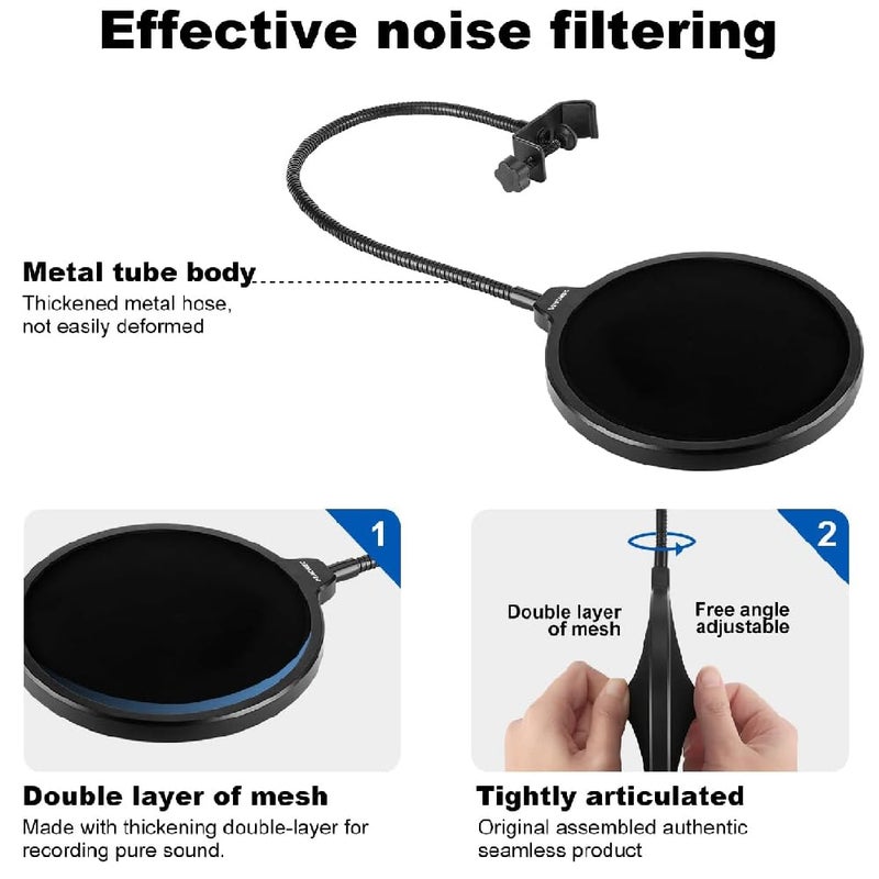 TechBlaze 6 inch Double Layer Pop Filter for Condenser Microphone Filter 360° Flexible Gooseneck Wind Shield mic pop Filter for Studio, Podcast, Blue Yeti, Snow Ball Mike - Image 4
