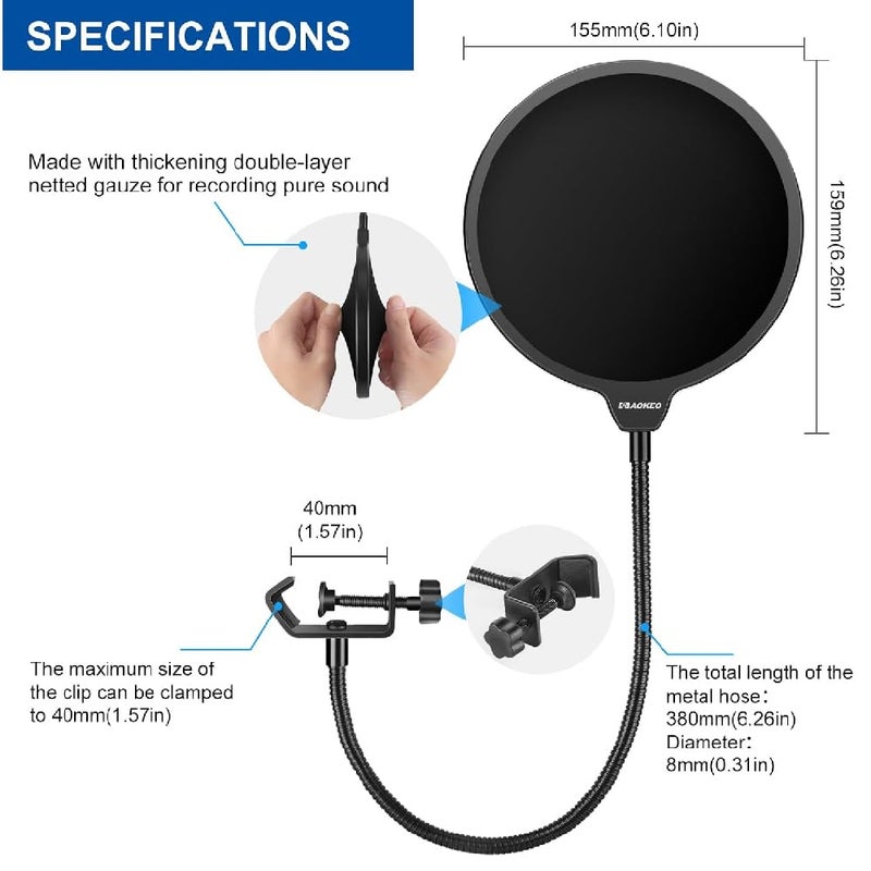 TechBlaze 6 inch Double Layer Pop Filter for Condenser Microphone Filter 360° Flexible Gooseneck Wind Shield mic pop Filter for Studio, Podcast, Blue Yeti, Snow Ball Mike - Image 2