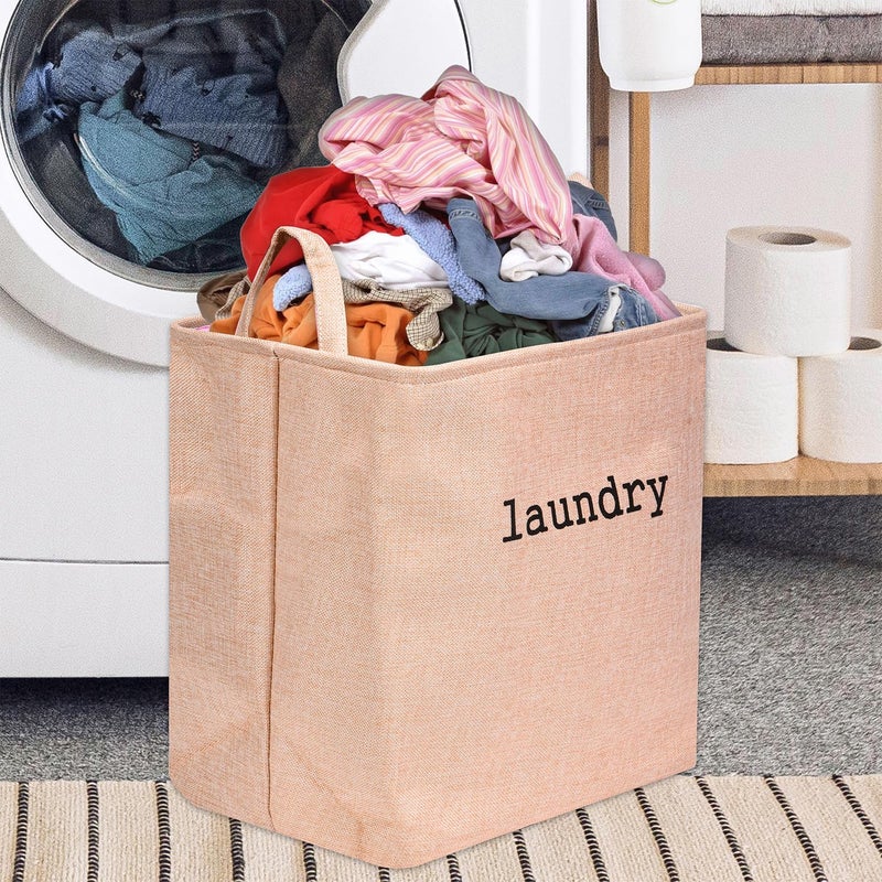 Kuber Industries Laundry Basket | Square Foldable Laundry Basket | Jute Storage Bag with Handles | Clothes Basket for Home | 40 LTR | Peach - Image 2