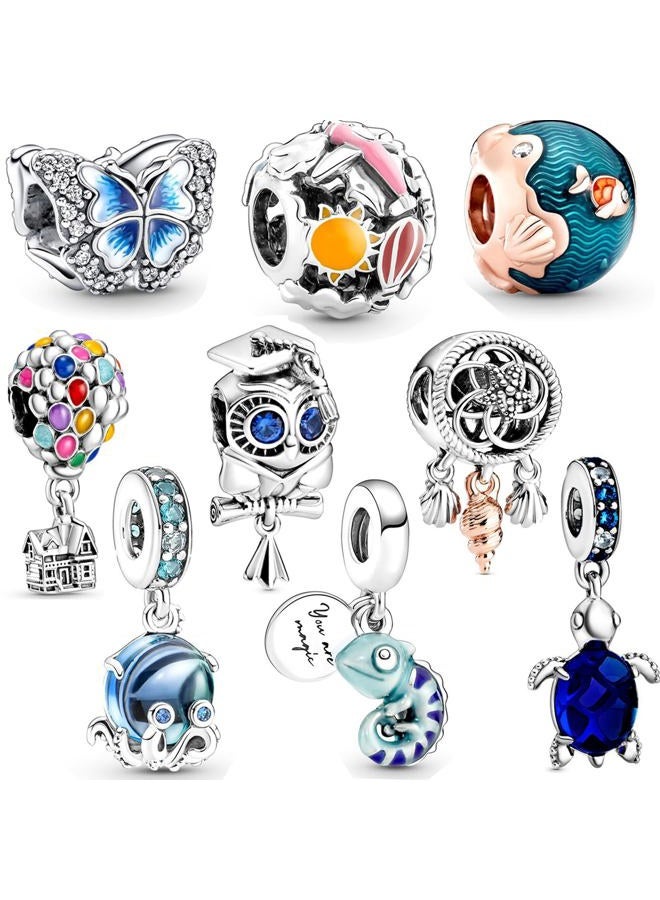 9 Pack Silver Spacer Beads Charms fit Pandora Bracelet, Heart Beads DIY Jewelry Gifts Women, Large, Alloy Steel, No Gemstone - Image 1