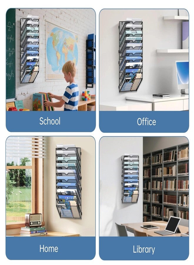 JMHUD 10 Tier Wall File Organizer Office Hanging Mail Holder Wall Mounted, Mesh Paper Document Organizer for Office Home School, Black - Image 3