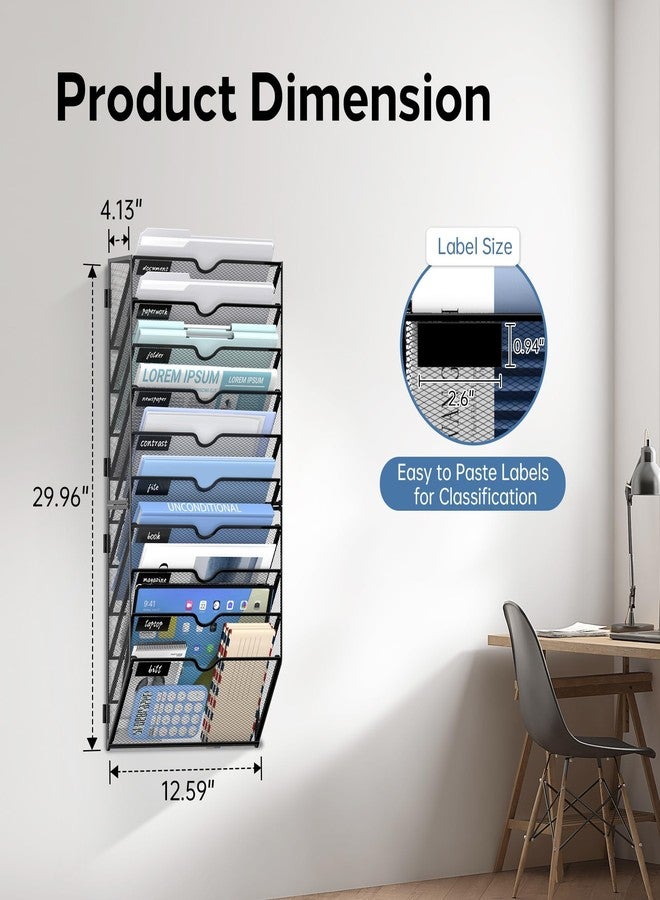 JMHUD 10 Tier Wall File Organizer Office Hanging Mail Holder Wall Mounted, Mesh Paper Document Organizer for Office Home School, Black - Image 2