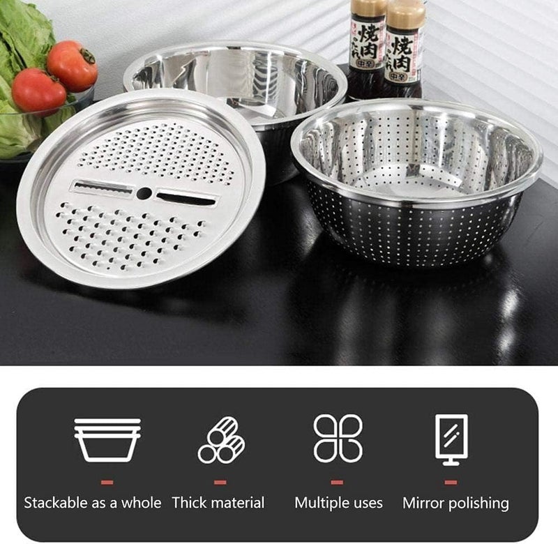 Stainless Steel Mixing Bowl 26cm with Strainer and Grater, 3-in-1 Colander Set for Washing Rice, Draining Pasta, Grating Cheese, Vegetables and Kitchen Prep - Image 1