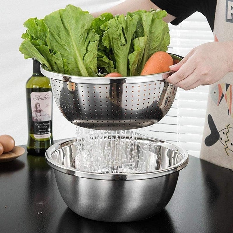 Stainless Steel Mixing Bowl 26cm with Strainer and Grater, 3-in-1 Colander Set for Washing Rice, Draining Pasta, Grating Cheese, Vegetables and Kitchen Prep - Image 2