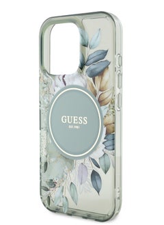 GUESS MagSafe IML Transparent Hard Case With Flower Design & Tonal Circle Logo for iPhone 16 Pro / Lightweight / High Quality Material - Green  - Image 1