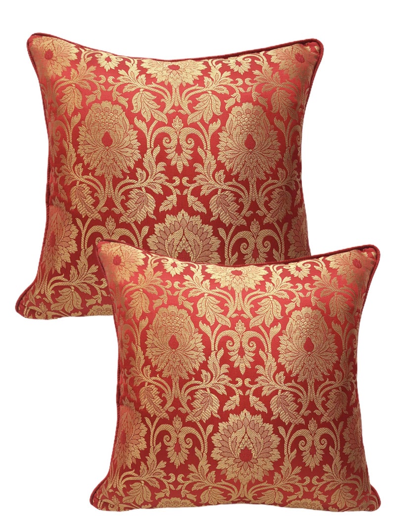 House Of Silko Banarasi Brocade red Gold Floral Cushion Cover for Interior Decoration (Size-16"x16") Set of 2 - Image 1