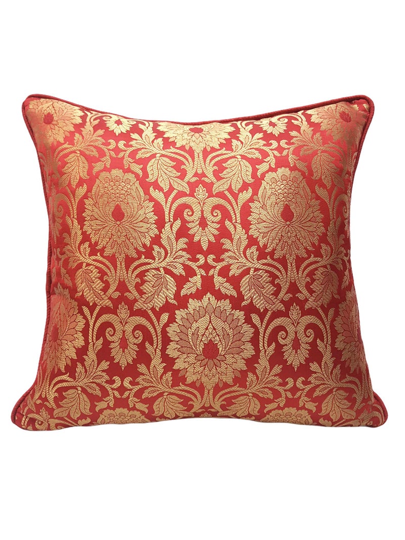 House Of Silko Banarasi Brocade red Gold Floral Cushion Cover for Interior Decoration (Size-16"x16") Set of 2 - Image 3