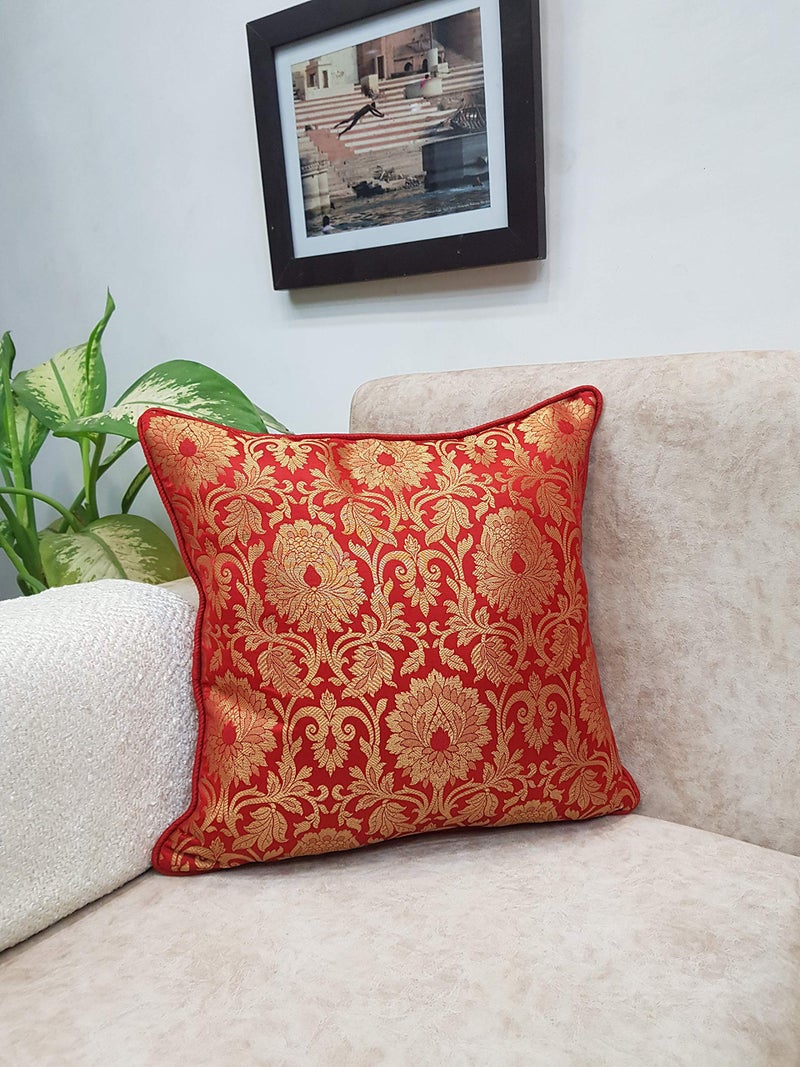 House Of Silko Banarasi Brocade red Gold Floral Cushion Cover for Interior Decoration (Size-16"x16") Set of 2 - Image 2