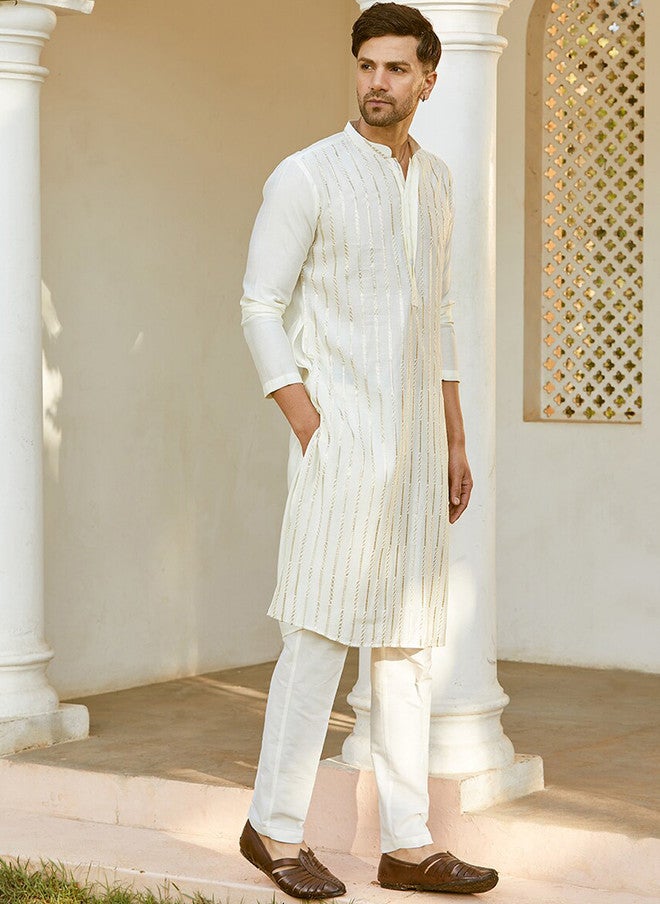 see designs قميص كورتا مزخرف مخطط باللون الأبيض الفاتح للرجال - Image 3
