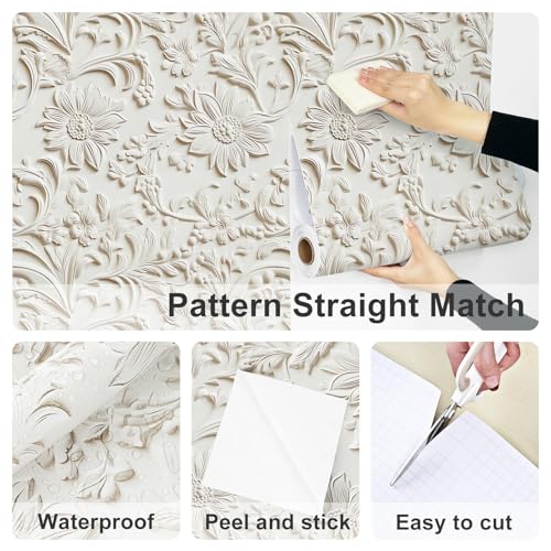 Wallderful Cream Beige Floral Wallpaper Faux 3D Embossed Peel and Stick Wallpaper for Accent Wall Removable Modern Daisy Flower Contact Paper Self Adhesive Nature Contact Paper for Bedroom Bathroom - Image 5