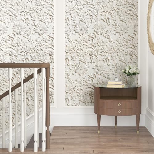 Wallderful Cream Beige Floral Wallpaper Faux 3D Embossed Peel and Stick Wallpaper for Accent Wall Removable Modern Daisy Flower Contact Paper Self Adhesive Nature Contact Paper for Bedroom Bathroom - Image 3