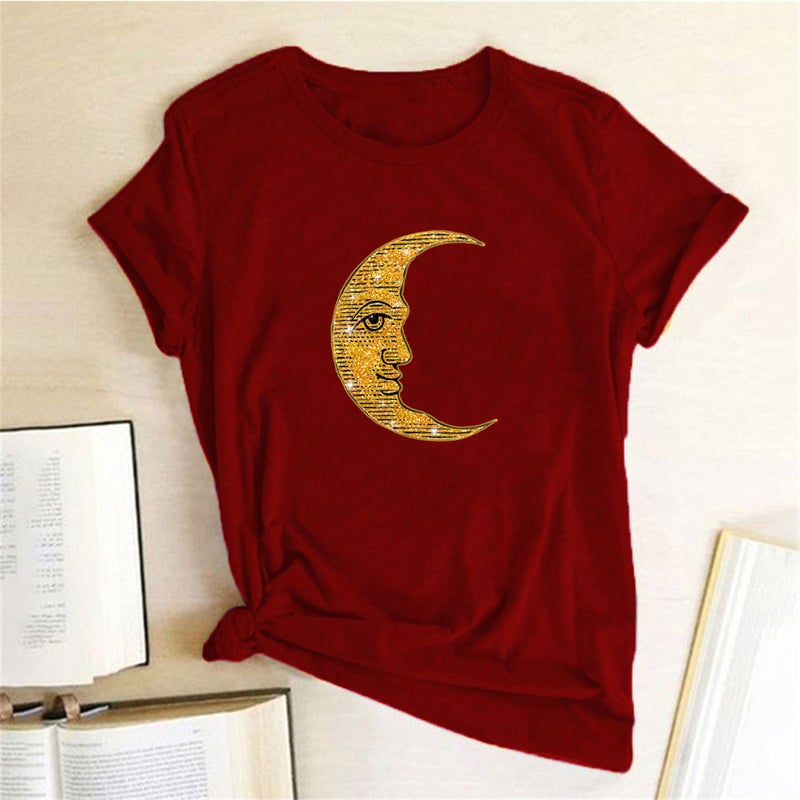 wish independent station sun moon pattern printed short sleeve t-shirt - Image 1