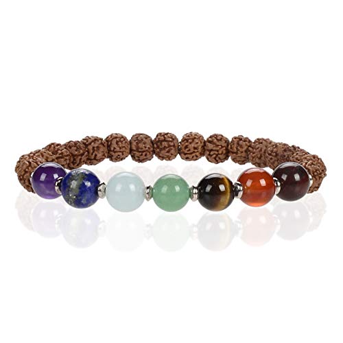 Cherry Tree Collection Chakra Stretch Bracelet | Genuine Natural 8mm Gemstones Beads, Silver Spacers | Men/Women (Rudraksha - Medium) - Image 1