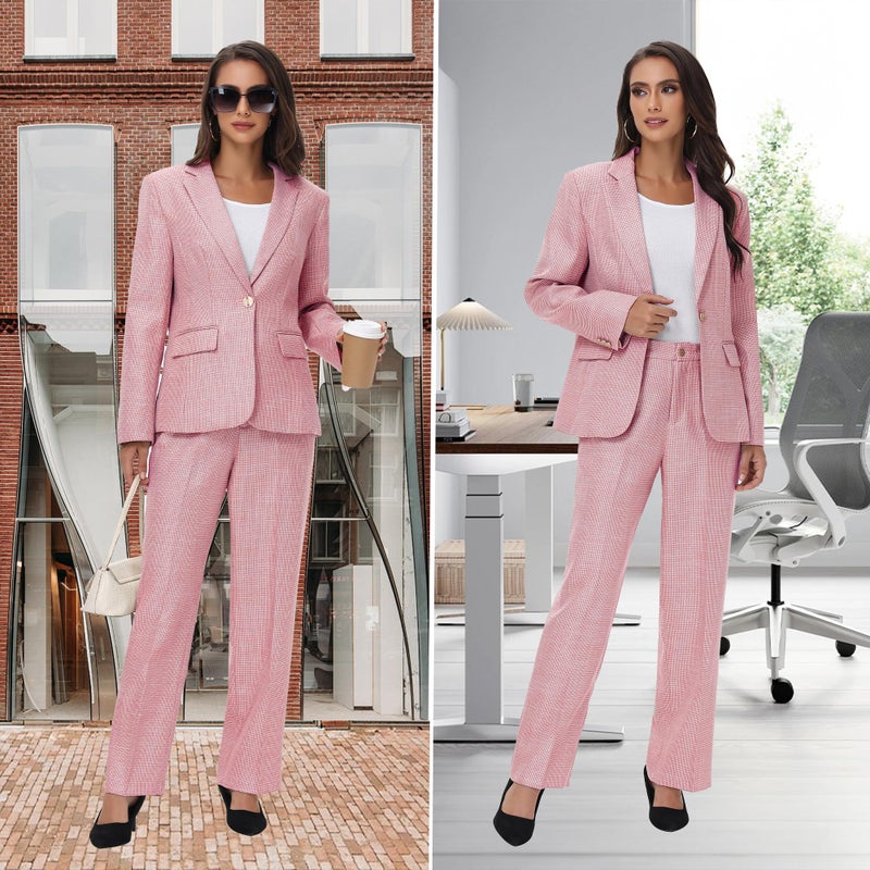 TRONSTORE Women's Suit 2 Piece Set Business Pants Suit for Women Pinstripe Houndstooth Blazer Pink S - Image 3