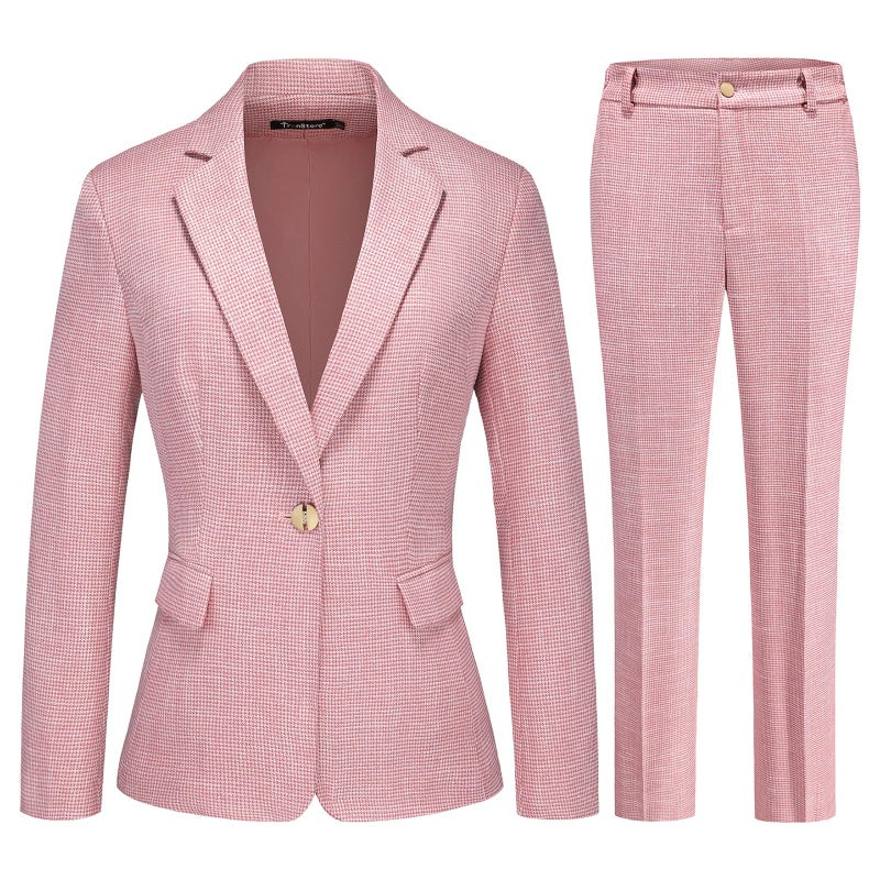 TRONSTORE Women's Suit 2 Piece Set Business Pants Suit for Women Pinstripe Houndstooth Blazer Pink S - Image 1